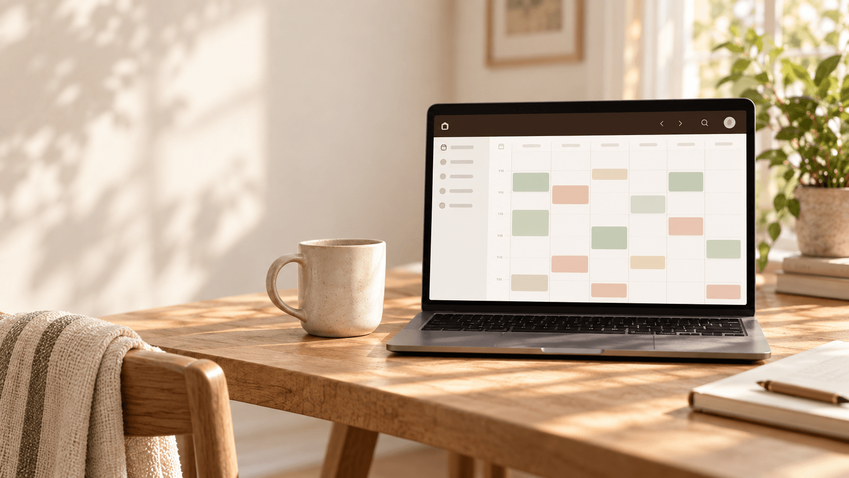 A family calendar open on a laptop in a warm, sunlit home